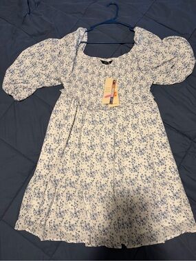 White Floral Smocked Puff-Sleeve Dress with Blue Print